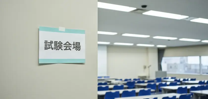試験会場と書かれた案内板と教室内の机と椅子