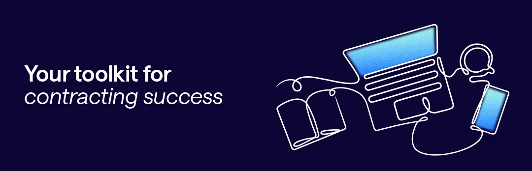 Illustration of a laptop, smartphone, and books with text “Your toolkit for contracting success” on a dark blue background.